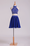 Two Pieces High Neck A Line Hoco Dresses Chiffon With Beading Mini Dark Royal Blue Rjerdress