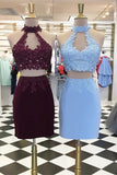 Two Pieces High Neck Homecoming Dresses Sheath Chiffon With Applique And Beads Rjerdress