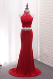 Two Pieces High Neck Spandex Party Dresses With Applique And Beads Sweep Train Rjerdress