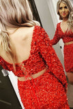 Two-Pieces Homecoming Dresses V Neck Sequins Short/Mini Long Sleeves Cocktail Dress Rjerdress
