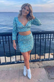 Two-Pieces Homecoming Dresses V Neck Sequins Short/Mini Long Sleeves Cocktail Dress Rjerdress