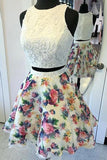 Two Pieces Ivory Beads Floral Print Lace Appliques Homecoming Dresses Cocktail Dress H1307 Rjerdress