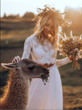 Two Pieces Long Sleeves  Lace & Chiffon  Ivory Boho Beach Wedding Dress Rjerdress