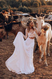 Two Pieces Long Sleeves  Lace & Chiffon  Ivory Boho Beach Wedding Dress Rjerdress