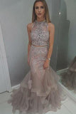Two Pieces Mermaid High Neck Blush Prom Dress With Beading Evening Dresses RJS443 Rjerdress