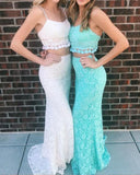 Two Pieces Mermaid Spaghetti Straps Floor-Length Lace Prom Dresses Rjerdress