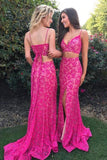 Two Pieces Mermaid Spaghetti Straps V-Neck Fuchsia Lace Split Lace up Prom Dresses RJS264