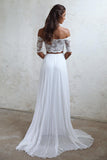 Two Pieces Off the Shoulder  A-Line Long Lace & Chiffon Short Sleeve Beach Wedding Dresses Rjerdress