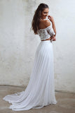 Two Pieces Off the Shoulder  A-Line Long Lace & Chiffon Short Sleeve Beach Wedding Dresses