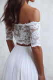 Two Pieces Off the Shoulder  A-Line Long Lace & Chiffon Short Sleeve Beach Wedding Dresses Rjerdress