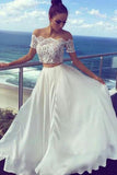 Two Pieces Off-the-Shoulder Ivory Short Sleeve A-Line Long Cheap Prom Dresses RJS526