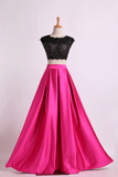 Two Pieces Party Dresses Scoop Appliqued&Beaded Bodice Floor Length Open Back Satin Rjerdress