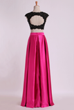 Two Pieces Party Dresses Scoop Appliqued&Beaded Bodice Floor Length Open Back Satin Rjerdress