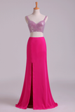 Two Pieces PartyDresses Spaghetti Straps Sheath With Slit & Beading Chiffon Rjerdress