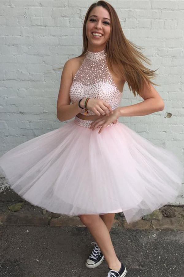 Two Pieces Pretty Sexy Charming Beading Halter Tulle Blush Pink Homecoming Dresses H97 Rjerdress