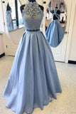 Two Pieces Prom Dresses Satin With Applique Floor Length Lace Bodice Rjerdress