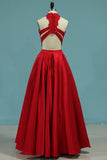 Two Pieces Prom Dresses Satin With Applique Floor Length Lace Bodice Rjerdress