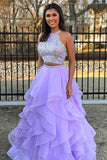 Two Pieces Purple Halter Tulle Backless Scoop A-Line Beads Prom Dresses RJS955