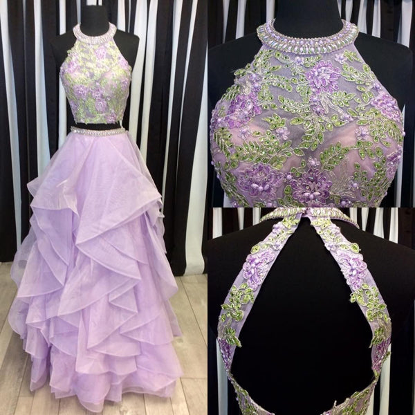 Two Pieces Purple Halter Tulle Backless Scoop A-Line Beads Prom Dresses RJS955 Rjerdress