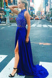 Two-Pieces Royal Blue High Neck Beading Long Beautiful Prom Dresses For Teens