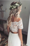 Two Pieces Short Sleeve Off the Shoulder Ivory Lace Beach Wedding Dresses with Chiffon W1023 Rjerdress