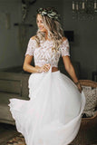 Two Pieces Short Sleeve Off the Shoulder Ivory Lace Beach Wedding Dresses with Chiffon W1023 Rjerdress