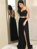 Two Pieces Spaghetti Straps Chiffon Lace Long Black Elegant Prom Dresses With Spilt Rjerdress