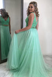 Two Pieces V Neck Beaded Bodice A Line Tulle Prom Dresses Rjerdress