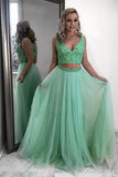 Two Pieces V Neck Beaded Bodice A Line Tulle Prom Dresses