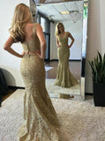 Two Pieces V Neck Prom Dresses Mermaid Lace With Straps Sweep Train