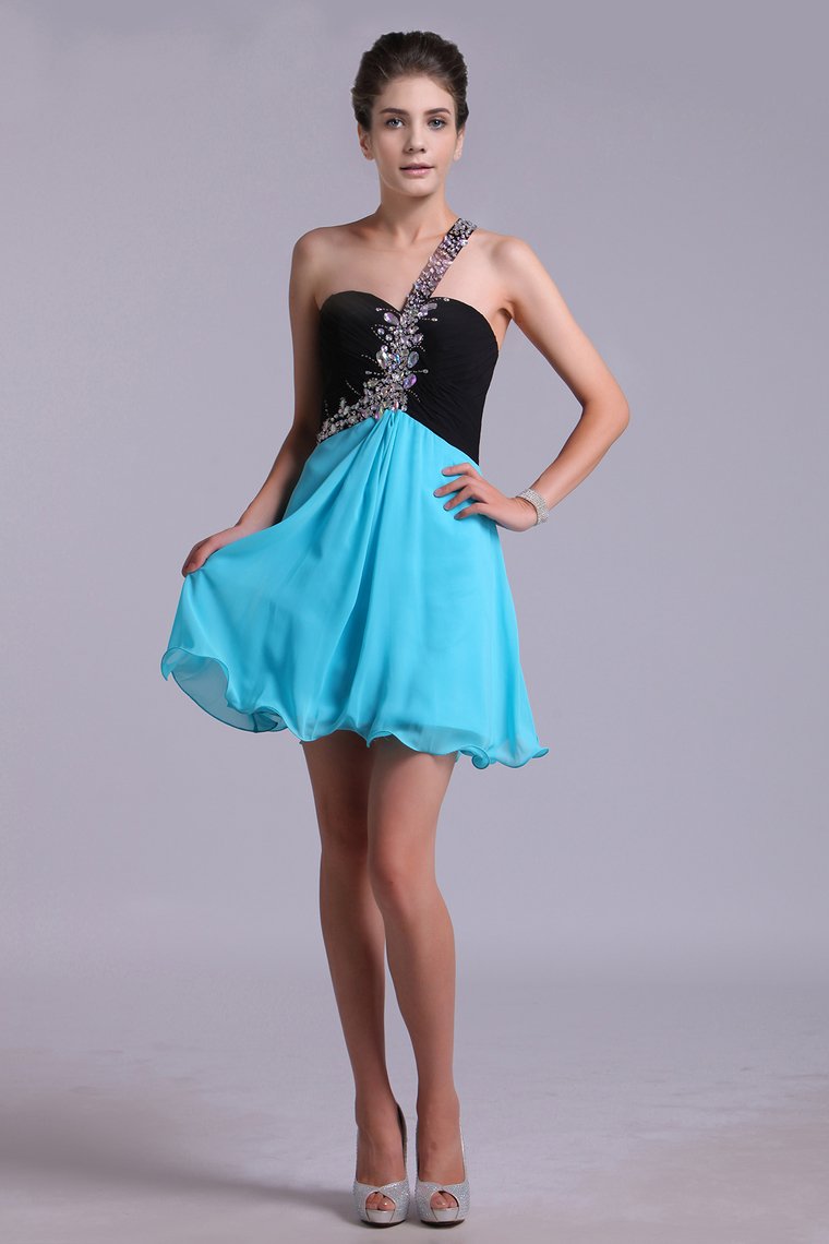 Two-Tone Homecoming Dresses One Shoulder A-Line Empire Waist Chiffon With Beads Rjerdress