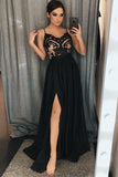 Unique A-Line Chiffon Spaghetti Straps Black Split Long Sweetheart Prom Dress with Lace RJS631