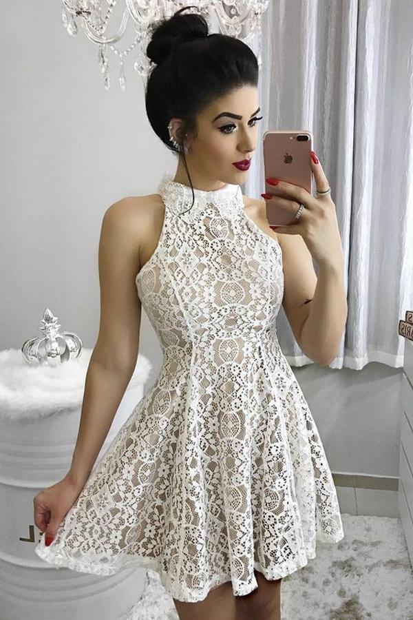 Unique A Line Ivory Halter Lace Above Knee Homecoming Dresses Short Prom Dresses H1300 Rjerdress