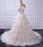Unique A Line Lace Appliques Cap Sleeves Ivory V Neck Beads Wedding Dresses Rjerdress