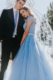 Unique A Line Off the Shoulder Two Piece Blue Tulle Prom Dresses with Beading RJS407 Rjerdress