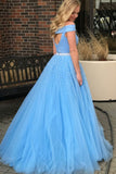 Unique A Line Off the Shoulder Two Piece Blue Tulle Prom Dresses with Beading RJS407 Rjerdress