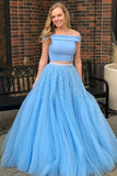 Unique A Line Off the Shoulder Two Piece Blue Tulle Prom Dresses with Beading RJS407