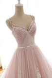 Unique A Line Pink Sweetheart Tulle Spaghetti Straps Long Lace Prom Dresses uk RJS219 Rjerdress