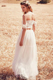 Unique A-Line Two Pieces Off-the-Shoulder Ivory Tulle Princess Lace Wedding Dresses UK Rjerdress