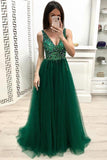 Unique A Line V Neck Beading Prom Dresses Long Tulle Green Evening Dresses RJS893
