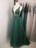 Unique A Line V Neck Beading Prom Dresses Long Tulle Green Evening Dresses RJS893 Rjerdress
