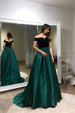 Unique A line Black And Green Long Elegant Off the Shoulder Satin Prom Dresses RJS106