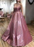 Unique A line Pink Sequins Spaghetti Straps Prom Dresses Evening Rjerdress