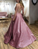 Unique A line Pink Sequins Spaghetti Straps Prom Dresses Evening Rjerdress