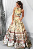 Unique A line Two Piece High Neck Tribal Satin Prom Dresses with Pockets Evening Dresses rjs190