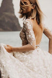 Unique Appliques V-Neck A-Line Long Sleeves Wedding Dress Open Back Bride Dresses Rjerdress