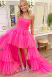 Unique Asymmetrical High Low Strapless Fuchsia Prom Dress with Ruffles