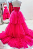 Unique Asymmetrical High Low Strapless Fuchsia Prom Dress with Ruffles Rjerdress