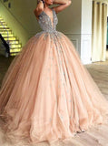 Unique Ball Gown V Neck Sleeveless Beading Tulle Prom Dresses Quinceanera Dress RJS989 Rjerdress
