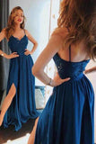 Unique Blue Spaghetti Straps Lace Prom Dresses Satin Sweetheart Side Slit  RJS563 Rjerdress